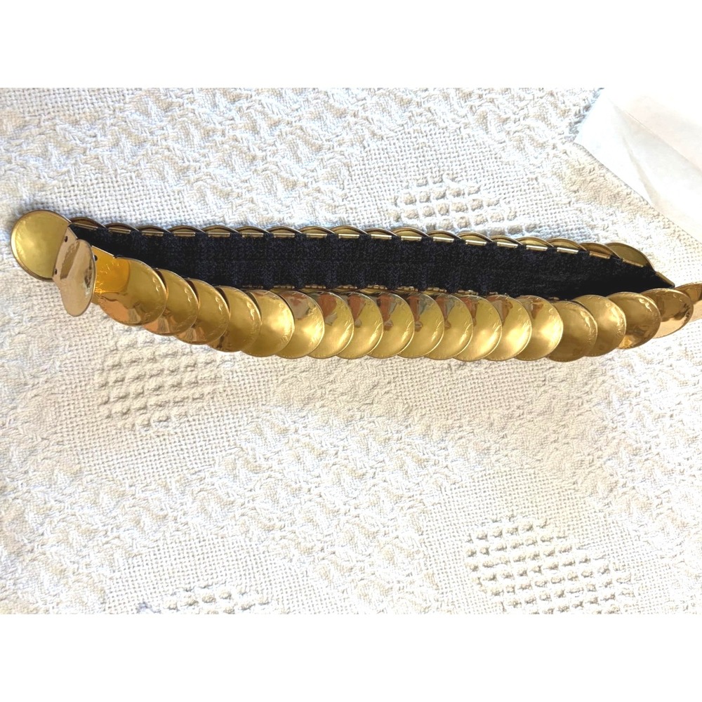 Vintage 70s 80s Gold Metal Disc Scale Stretch Belt Seamless Hook Clasp Boho Glam